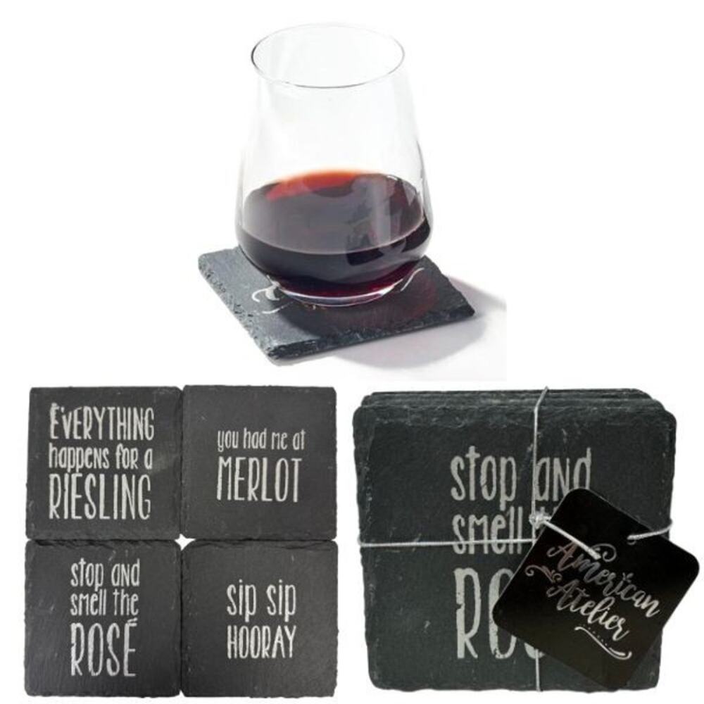 Sip Sip Hooray Slate Coasters Set Of 4, Square 4X4" Silver New Wine